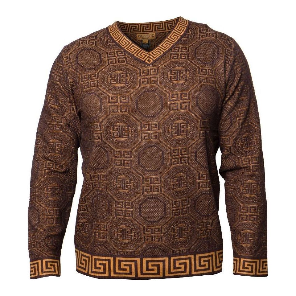 Prestige Brown Greek Key V-Neck Sweater - SW-468