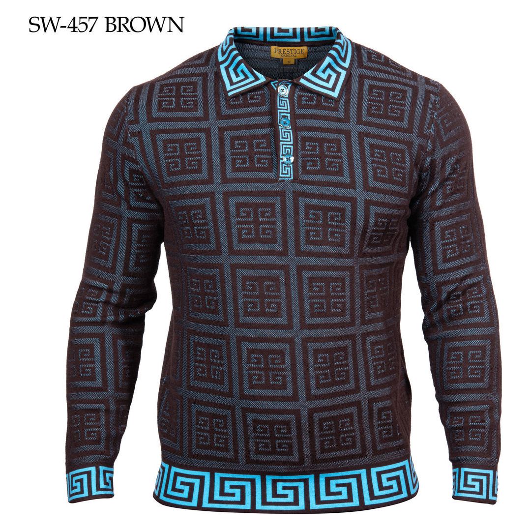 Prestige Brown Blue Greek Key Polo Sweater SW-457