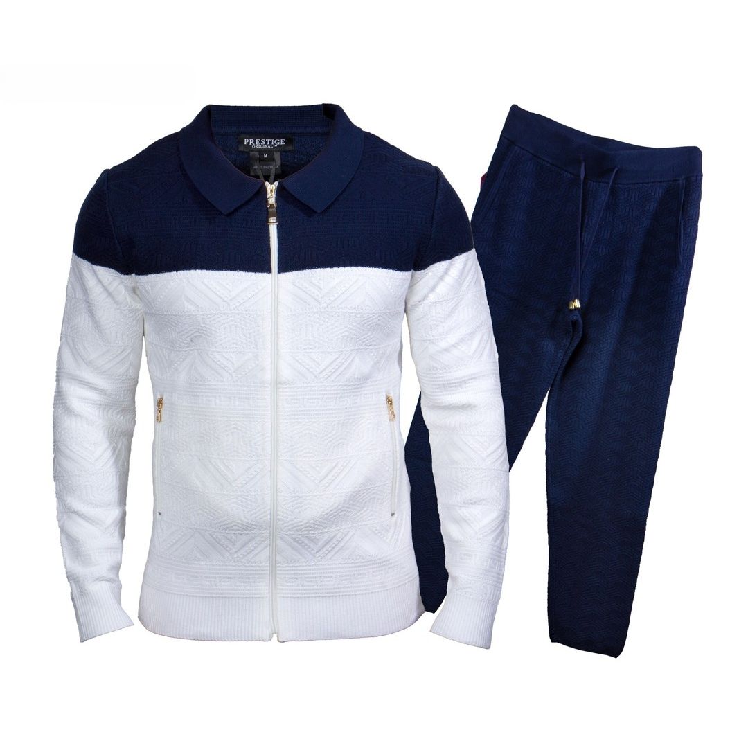 Prestige Navy Cream Two Toned Luxury Knit Jogger Suit LNG-230
