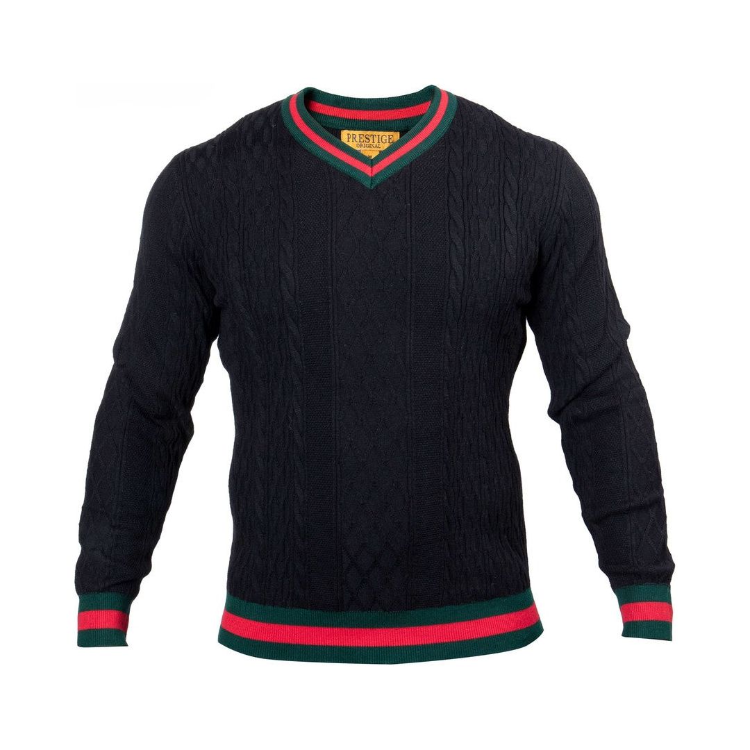 Prestige Black Red Green Collar V-Neck Cable Sweater SW-563