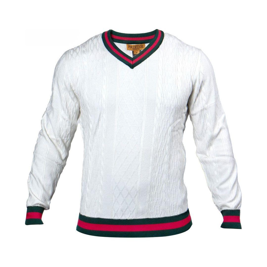 Prestige White Red Green Collar V-Neck Cable Sweater SW-563