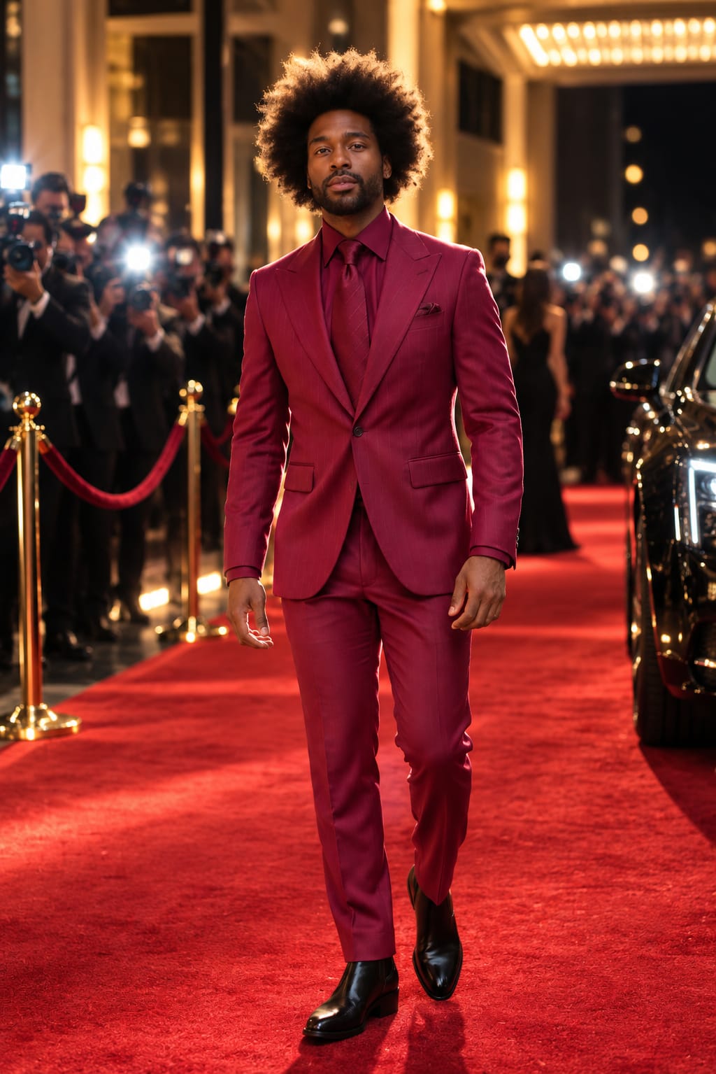 A man with an afro walks down a red carpet wearing a matching burgundy suit, shirt, and tie, with photographers and a car visible in the background.
