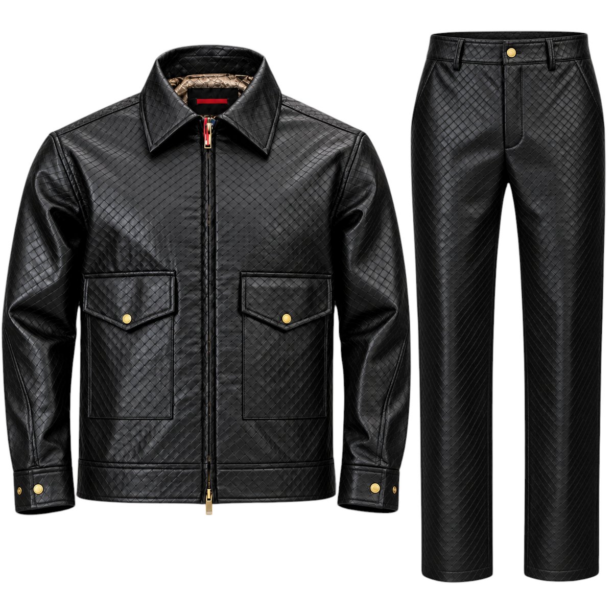 Suit Yourself Menswear black leather-look two-piece set featuring a woven pattern jacket and matching trousers.