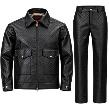 Suit Yourself Menswear black leather-look two-piece set featuring a woven pattern jacket and matching trousers.