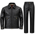 Suit Yourself Menswear black leather-look two-piece set featuring a woven pattern jacket and matching trousers.