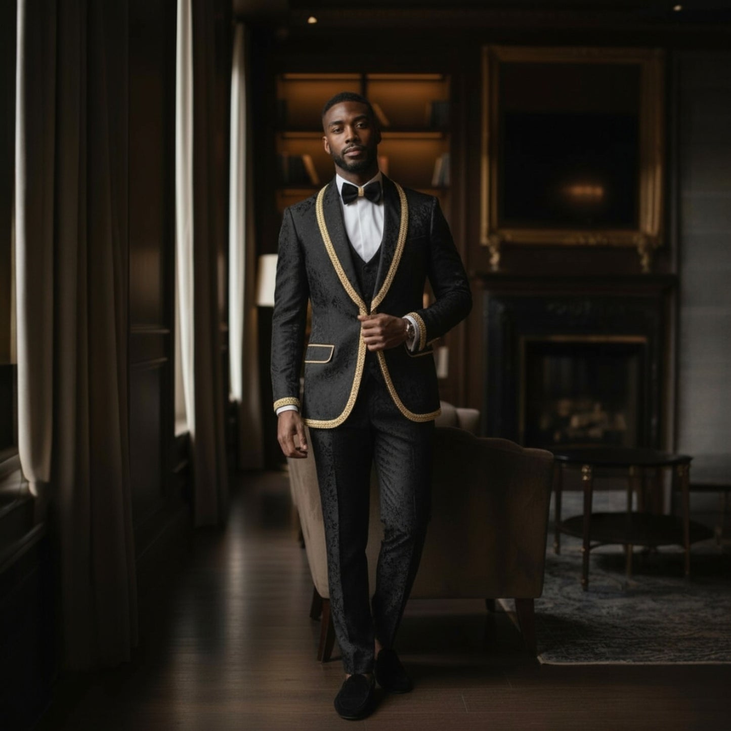 Manzini Black Gold Cartier Wedding Prom Tuxedo Suit