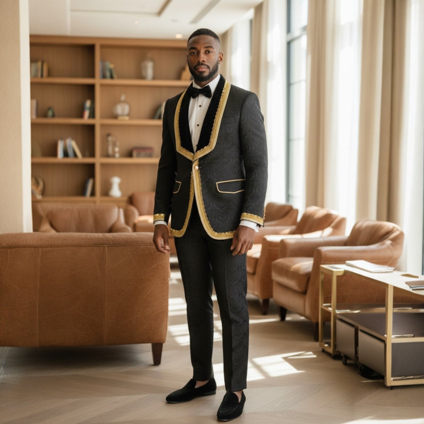 Manzini Black Gold Chanel Wedding Prom Tuxedo Suit