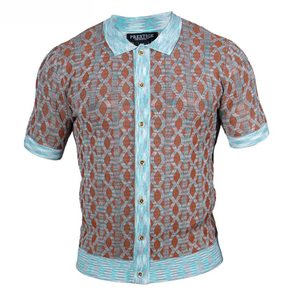 Short-sleeve shirt with a patterned design on a white background
