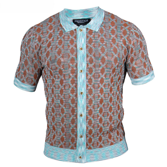 Short-sleeve shirt with a patterned design on a white background