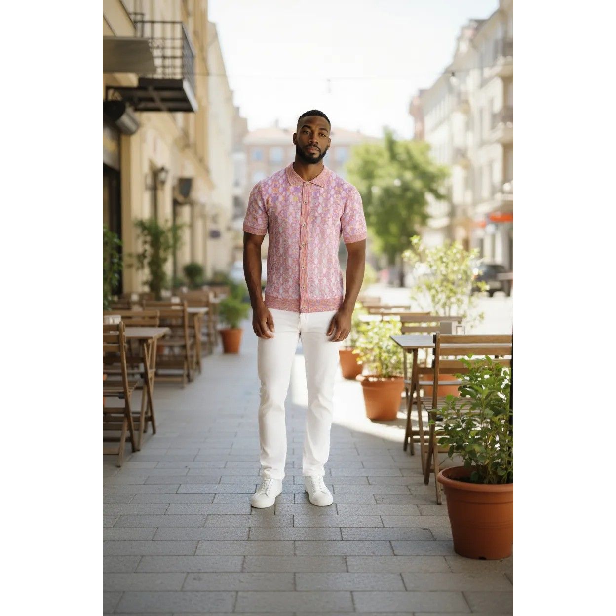 Prestige Pink Knit Button Down Short Sleeve Shirt CMK-304