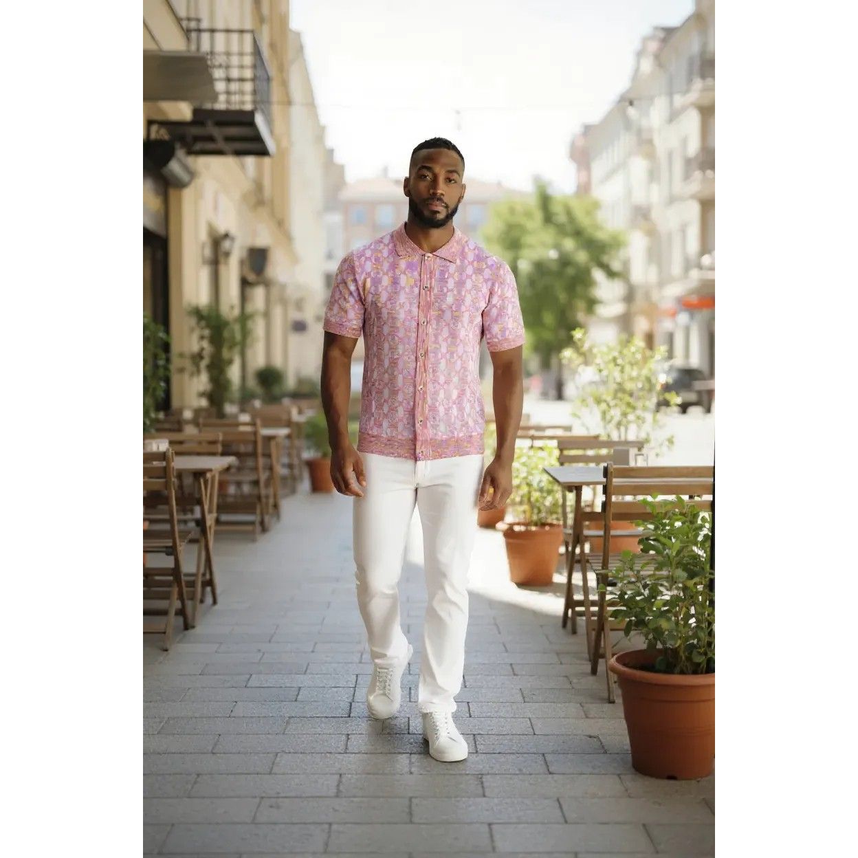 Prestige Pink Knit Button Down Short Sleeve Shirt CMK-304