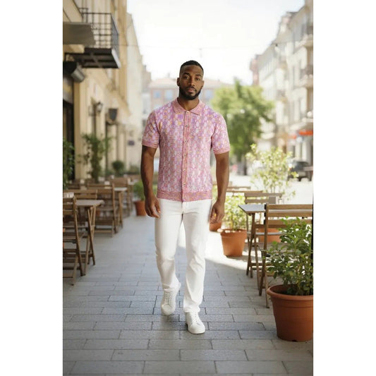 Prestige Pink Knit Button Down Short Sleeve Shirt CMK-304