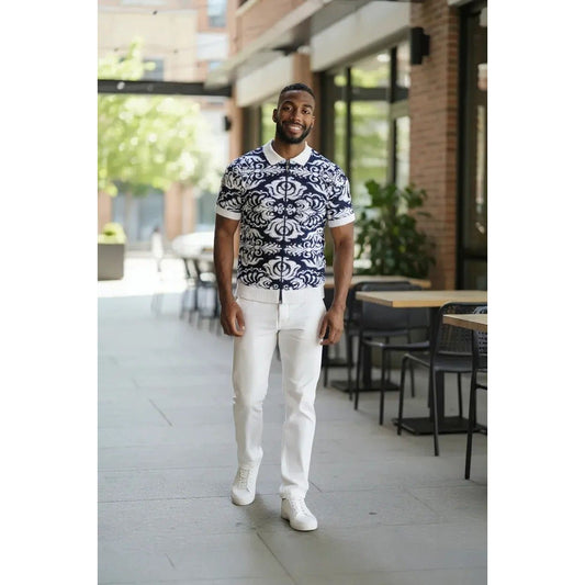 Prestige Navy White Terry Towel Fabric Short Sleeve Shirt  CMK-395