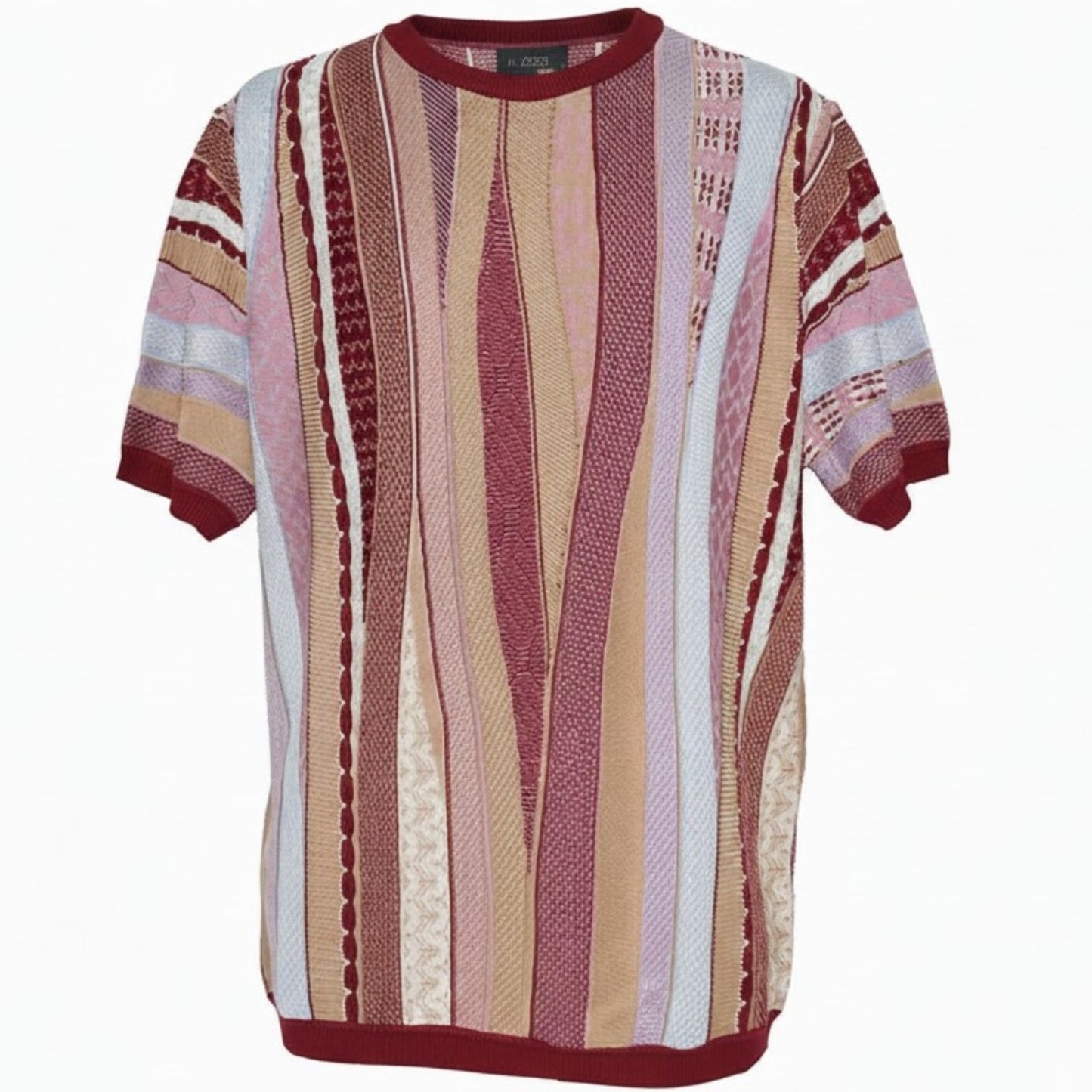 Couture Coogi Style Burgundy Beige Pink Crew Neck Short Sleeve Shirt CR-1685