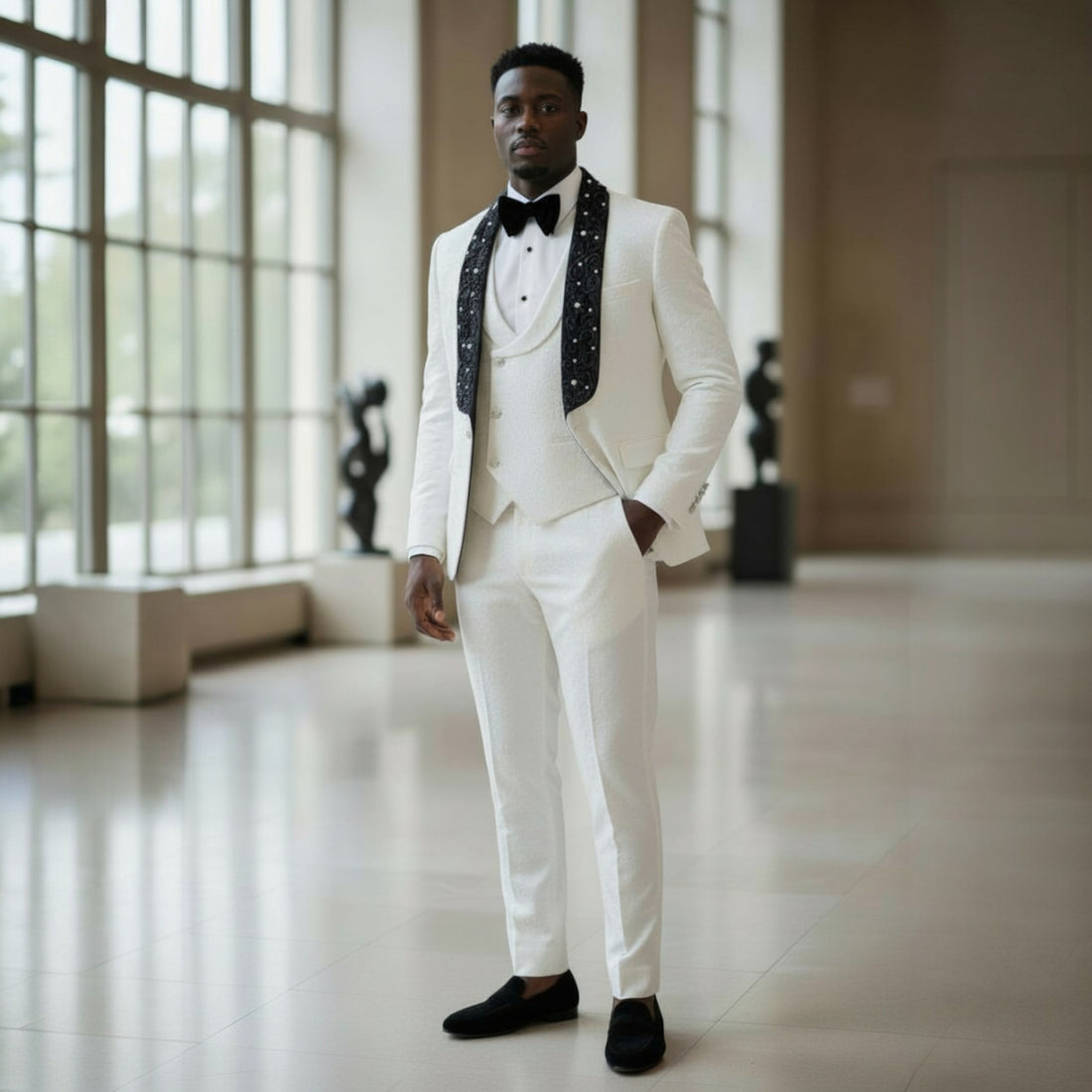 Manzini White Black Dior Formal 3 PC Tuxedo Suit