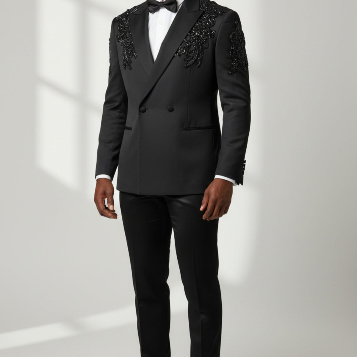Manzini Black With Black Appliques Tuxedo Suit GQ300