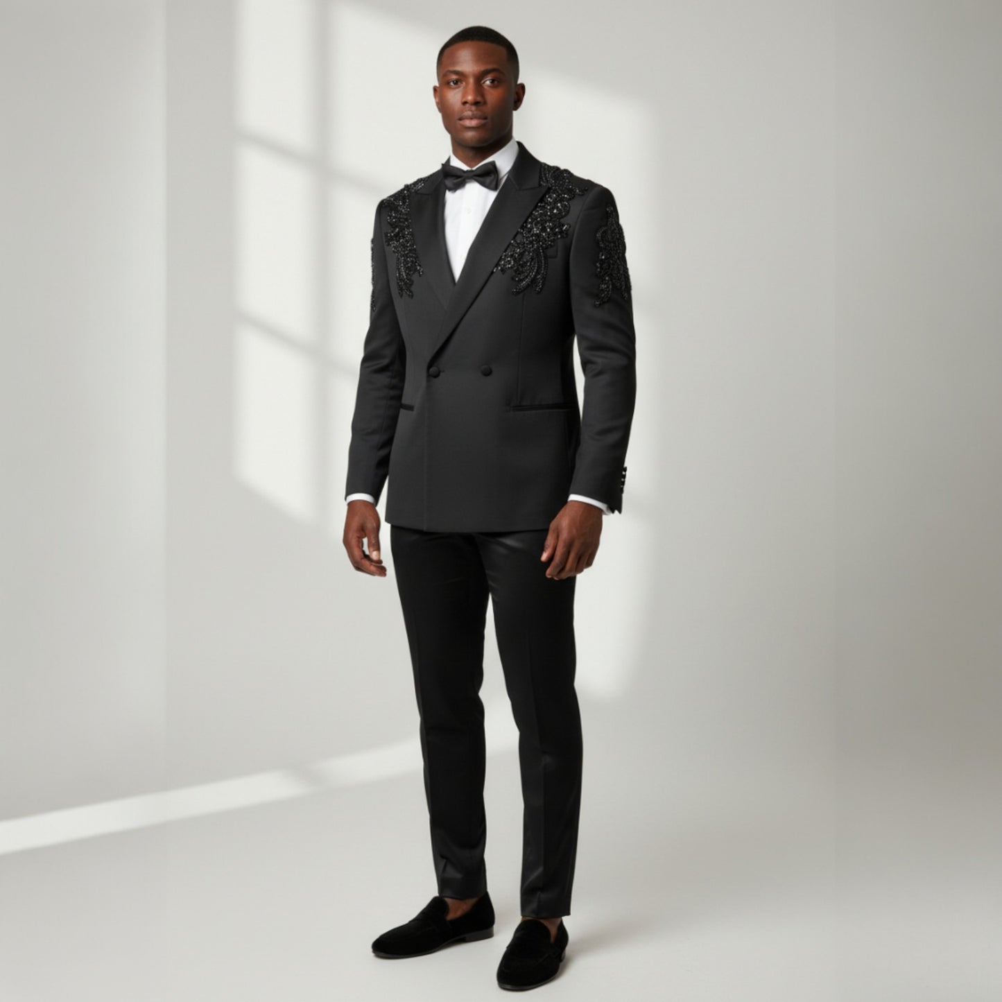 Manzini Black With Black Appliques Tuxedo Suit GQ300