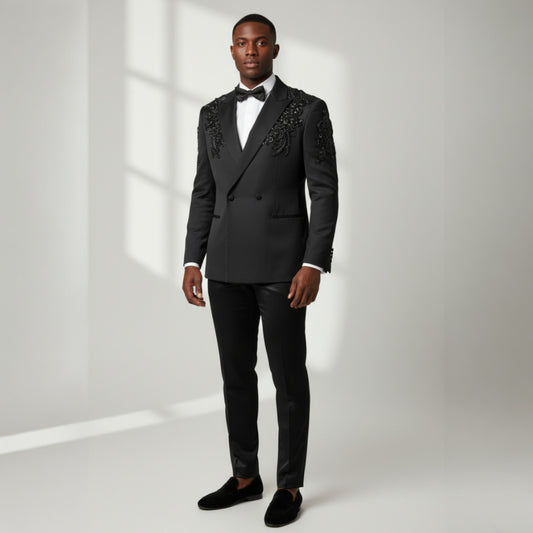 Manzini Black With Black Appliques Tuxedo Suit GQ300
