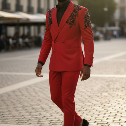 Manzini Red With Black Appliques Tuxedo Suit GQ300