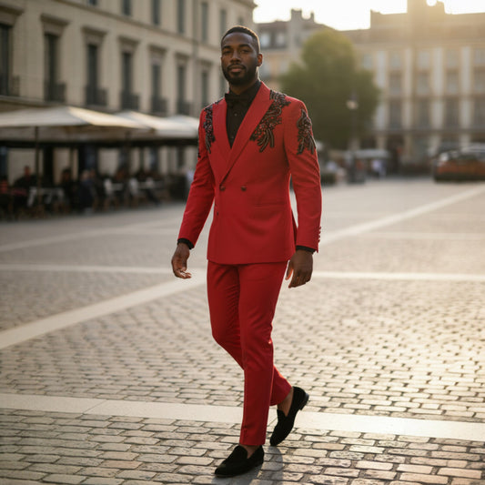 Manzini Red With Black Appliques Tuxedo Suit GQ300