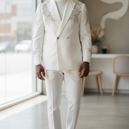 Manzini White With Silver Appliques Tuxedo Suit GQ300