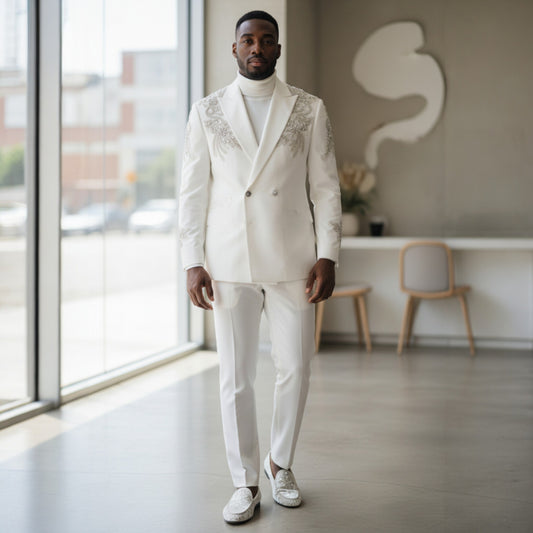 Manzini White With Silver Appliques Tuxedo Suit GQ300
