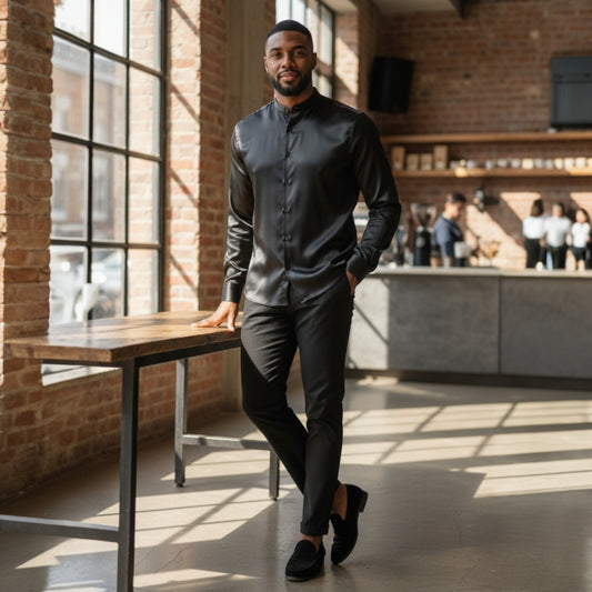 Black Banded Collar Solid Color Satin Shirt