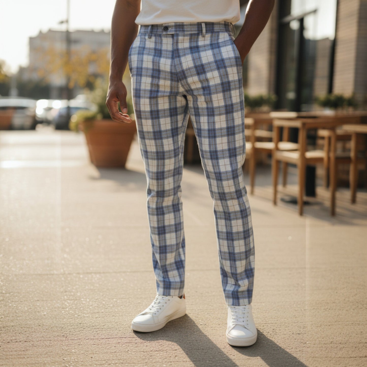 Plaid Blue Brown Grey Flat Front Pants - PLD-605-BLUE-2