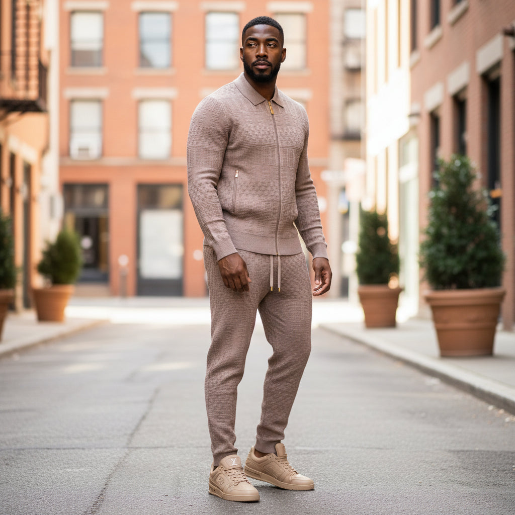 Prestige Oatmeal Textured Luxury Knit "Bellavita" Jogger Suit LNG-210
