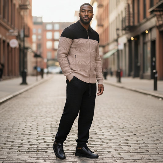 Prestige Black Taupe Two Toned Luxury Knit Jogger Suit LNG-230