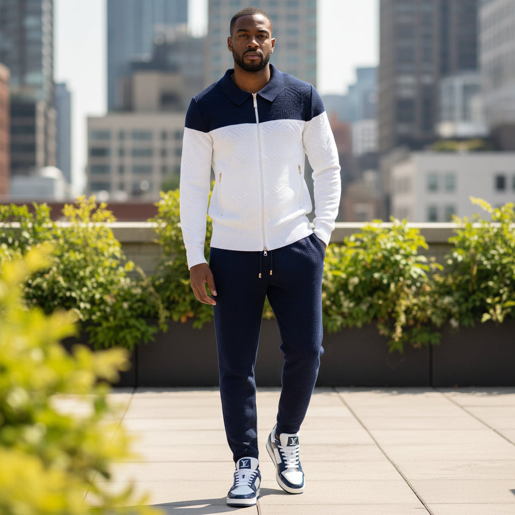 Prestige Navy Cream Two Toned Luxury Knit Jogger Suit LNG-230
