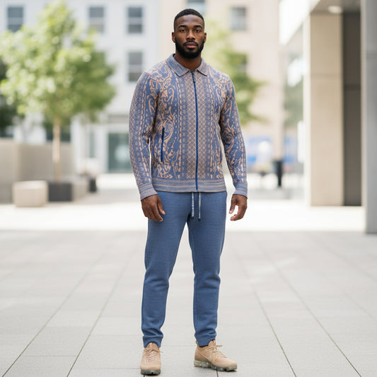 Prestige Denim Tan Jacquard Luxury Jogger Suit LNG-250