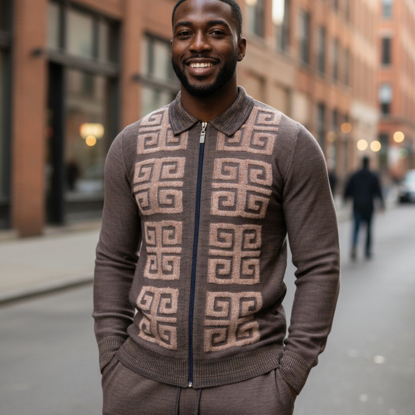 Prestige Khaki Brown Greek Key Jogger Lounger Suit LNG-350