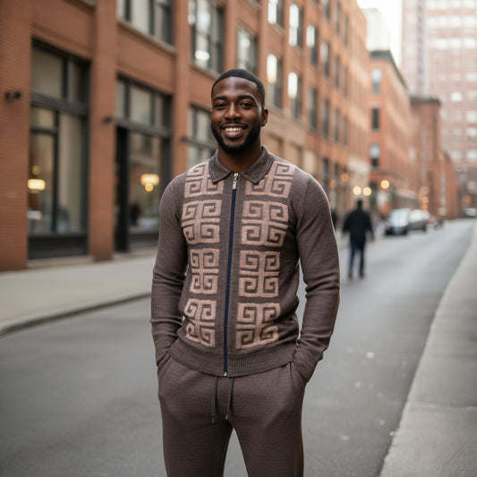 Prestige Khaki Brown Greek Key Jogger Lounger Suit LNG-350