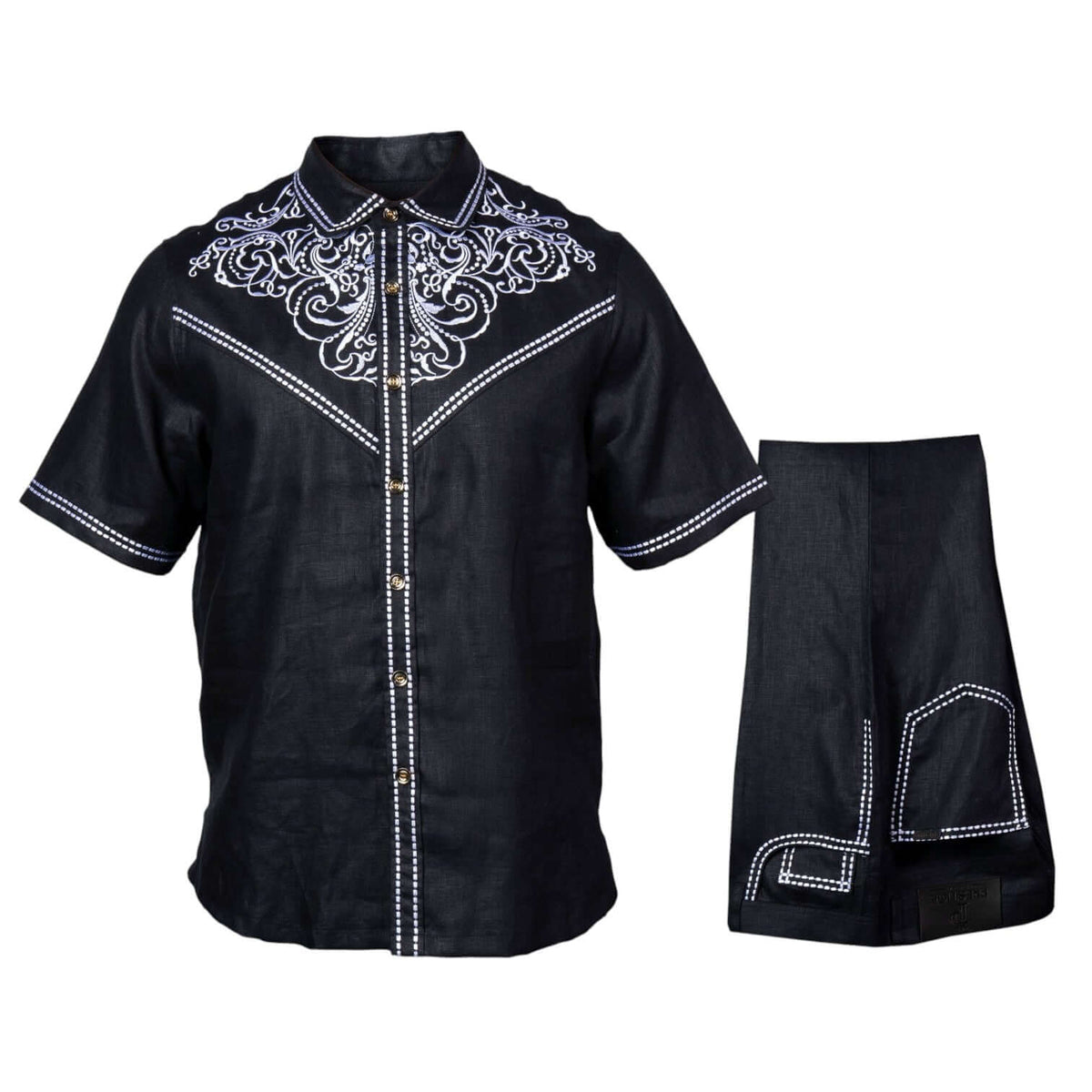 Prestige Luxury Black White Embroidered Linen Casual Suit - LUX-635