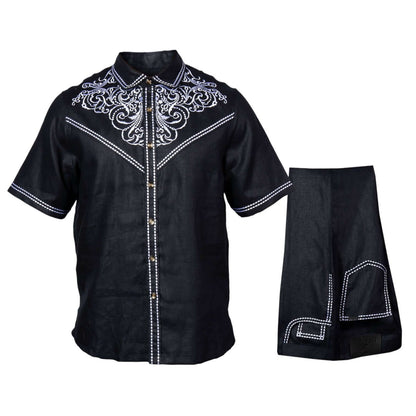 Prestige Luxury Black White Embroidered Linen Casual Suit - LUX-635