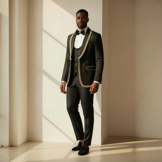 Manzini Black Gold Cartier Wedding Prom Tuxedo Suit