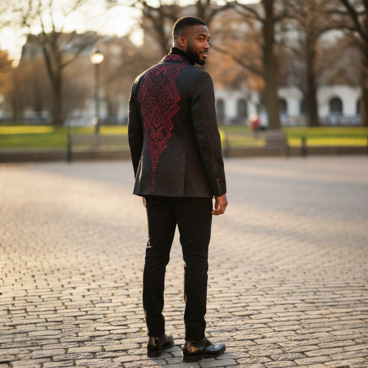 Manzini Black Red Rhinestone Slim Fit Tuxedo Jacket - MZS-603