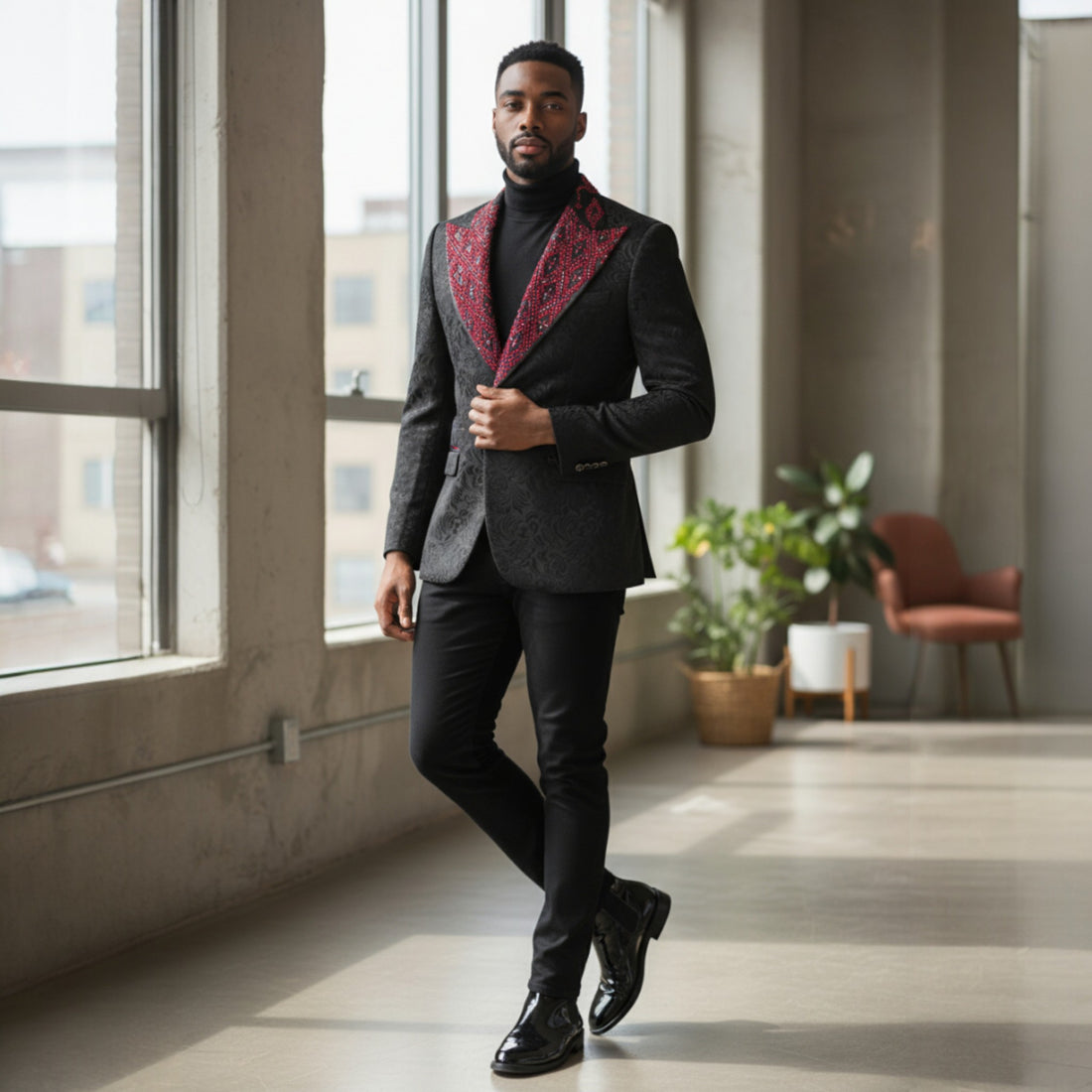 Manzini Black Red Rhinestone Slim Fit Tuxedo Jacket - MZS-603