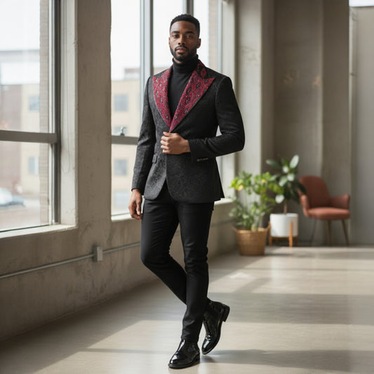 Manzini Black Red Rhinestone Slim Fit Tuxedo Jacket - MZS-603