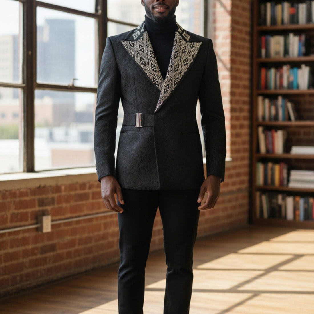Manzini Black Silver Rhinestone Slim Fit Tuxedo Jacket - MZS-603
