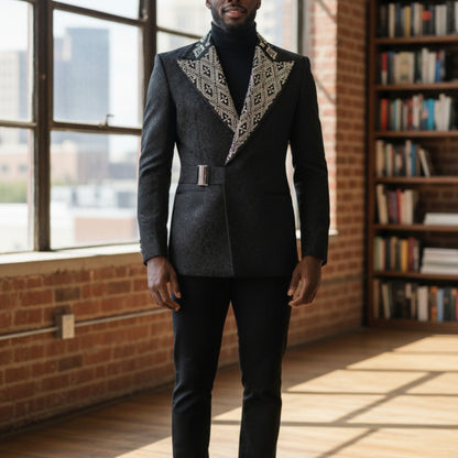Manzini Black Silver Rhinestone Slim Fit Tuxedo Jacket - MZS-603