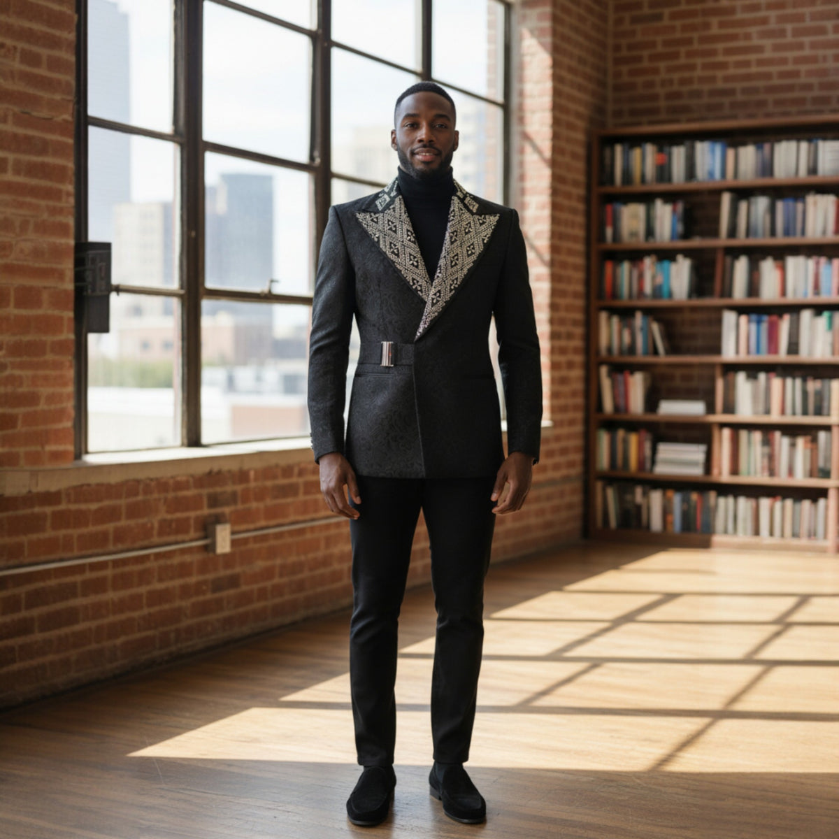 Manzini Black Silver Rhinestone Slim Fit Tuxedo Jacket - MZS-603