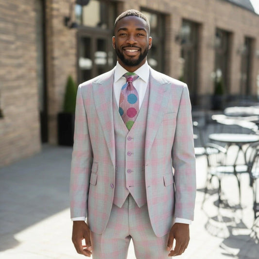 Tiglio Portofino Gray Pink Plaid Wide Peak Lapel 3 Piece Suit - TL8301