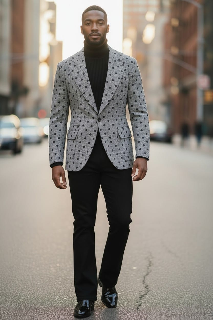 A man walking down a city street wearing a light gray blazer with black polka dots, a black turtleneck, black trousers, and black dress shoes.
