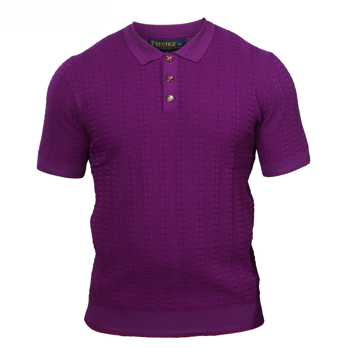 Purple polo shirt with textured pattern on a white background