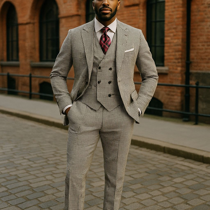Tiglio Black White Check One Button Wide Peak Lapel Double Breasted Vest Suit