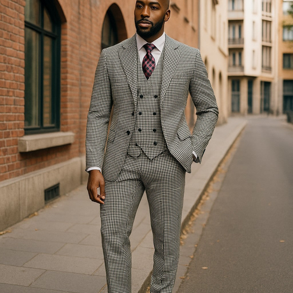 Tiglio Black White Check One Button Wide Peak Lapel Double Breasted Vest Suit