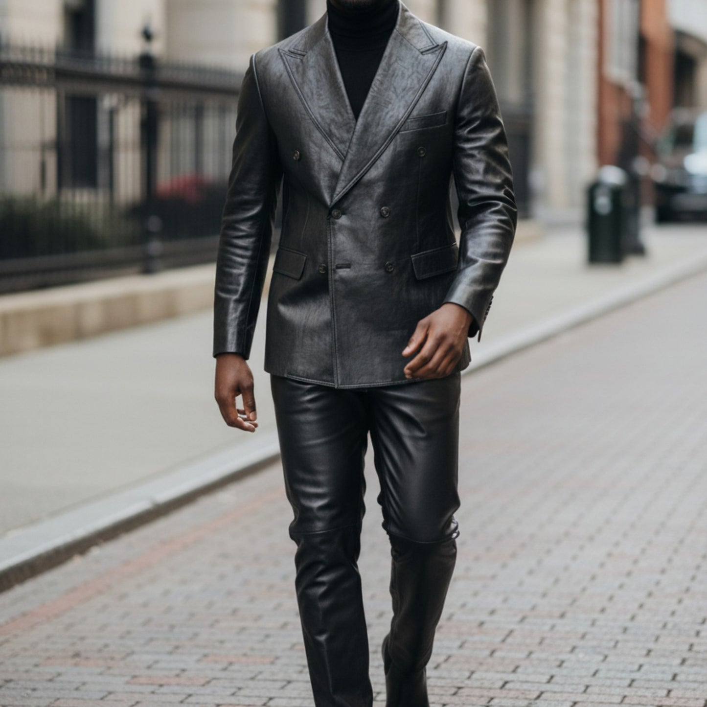 C Couture Black Vegan Leather Double Breasted Suit ST-7021