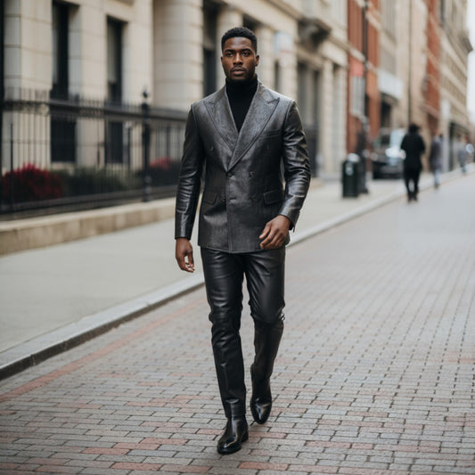 C Couture Black Vegan Leather Double Breasted Suit ST-7021